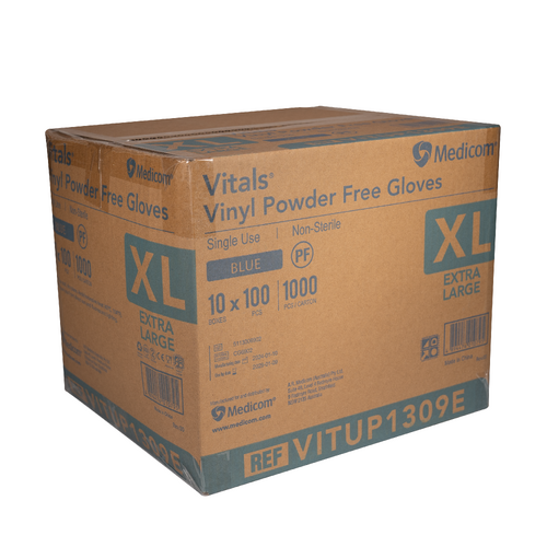MEDICOM VITALS Vinyl Powder Free Gloves - Blue - XL 1000/Carton